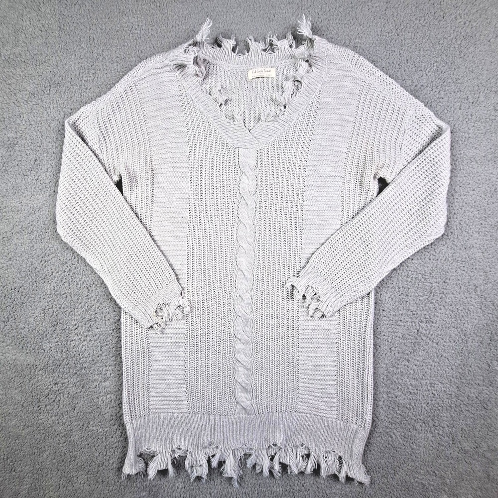 Full Circle Trends Sweater Womens XL‎ Gray V-Neck Distressed Cable Knit Tunic